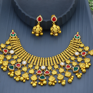 Ethnic 22k Gold Plated <b>Statement</b> <b>Necklace</b> Set With Zircon Stones Bead Chain Women's Wedding Jewelry - Product Image 3
