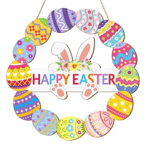 KingWIN Easter Wreath Round Wooden Bunny Egg Pendant Reusable Home Party Decoration - Product Image 1