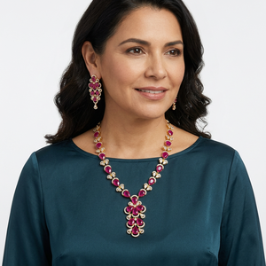 Parure de bijoux de luxe en laiton plaqué rhodium avec cristaux roses, pendentif goutte d'eau, collier et boucles d'oreilles pour femme, cadeau de mariage classique - Product Image 3