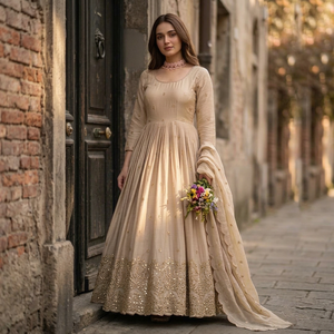 Beige Silk Embroidered Anarkali <b>Suit</b> With Dupatta Floor-Length Traditional Indian Pakistani <b>Women's</b> Wear Loose Fit Wedding Dress - Product Image 1