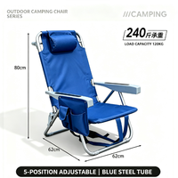 Chaise de plage pliable pour l'extérieur, chaise longue de camping portable à 5 positions inclinables avec appui-tête, poche latérale et sac isotherme