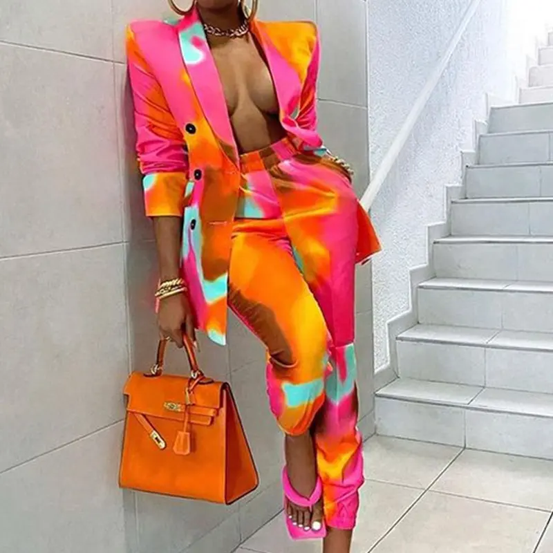Casual Lady Double Breasted Outfit Pink Two Piece Set With Pocket Women Jacket And Pant Set Tie Dye Long Sleeve Suit Blazer Set