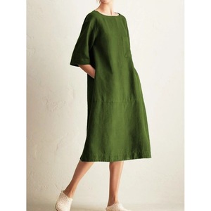 Vestido Camisero Verde Oliva de Lino, Cuello Redondo, Manga Corta, Corte Holgado, Midi, Tela de Lino y Algodón, Detalle de Bolsillo, Vestido para Mujer - Product Image 6