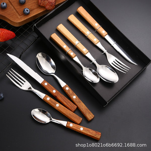 304 Stainless Steel Rosewood Handle <b>Knife</b> Fork Spoon Set 4 Pieces Serrated Edge Polished Blade For Restaurant Western Cuisine - Product Image 2