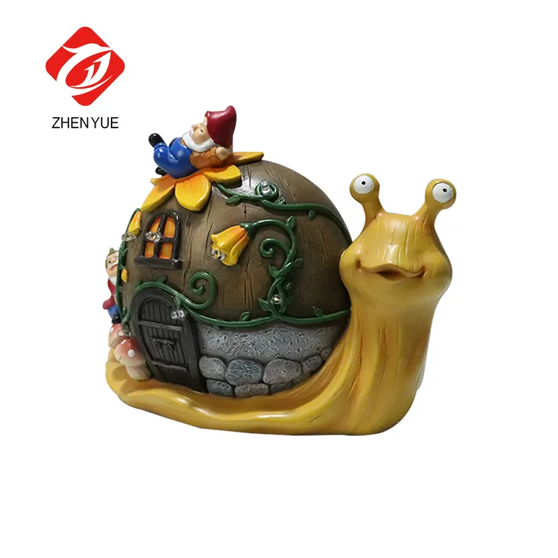 Personalizado Zhenyue resina estatueta jardim conjuntos caracol anão gnome painéis solares luzes decoração do jardim animais ornamentos do jardim