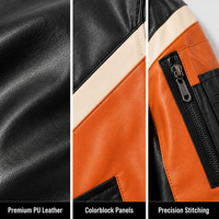 Blouson Bomber Homme Personnalisé en Cuir PU, Col Côtelé Colorblock, Fermeture Éclair, Style Moto Biker Streetwear, Manteau Décontracté en Cuir, Vêtement d'extérieur en Cuir, LOGO OEM