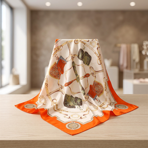 Foulard carré en soie à bordure orange, imprimé cheval et couronne, pour femme, idéal pour le bureau, cadeau, accessoire de fête, vente en gros, impression personnalisée - Product Image 3