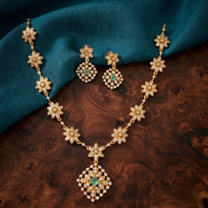 Premium Matt Finish CZ Floral Necklace <b>Set</b> with Earrings, Gold Plated Bridal Wedding Party Wear Artificial Jewellery - Product Image 1