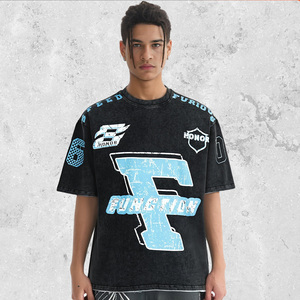 T-shirt vintage imprimé par transfert de chaleur pour hommes T-shirts lavés à l'acide noir en coton uni avec marque privée - Product Image 1