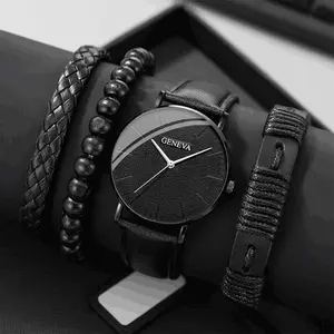 Wholesale Fashion Man casual men's sports leather watch 4pcs Beaded Bracelet Casual Quartz Wrist Watches for Men