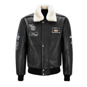 Custom 100% Genuine Black Milled Leather Men’s <b>Jacket</b> With White Fur Trim Durable Finish YKK Zipper Private Label OEM/ODM - Product Image 1