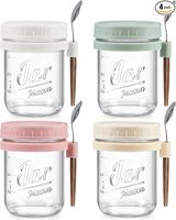 Wishome Lot de 4 pots à overnight oats avec cuillère, récipients en verre gradués, tasses à yaourt portables pour flocons d'avoine, céréales, salade de fruits