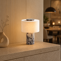 Lampe de table de luxe en albâtre et laiton avec abat-jour en tissu moderne |   Lampe de chevet décorative LED blanc chaud pour salon et chambre à coucher
