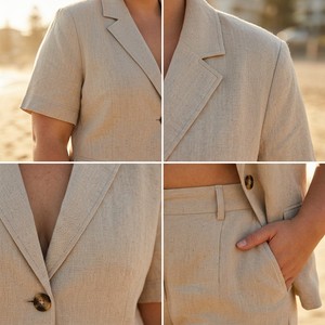 Traje de Blazer de Lino de Manga Corta Personalizado para Mujer, Tallas Grandes, Solapa con Muescas Relajada, Conjunto de Pantalón de Pierna Ancha para Verano, Tallas AU 14 a 26 - Product Image 2