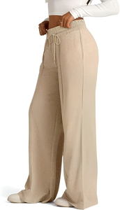 Women Brown Wide Leg Pants Elastic Waist <b>Drawstring</b> Casual <b>Trousers</b> With Side Pockets Breathable Knitted Fabric Autumn Style - Product Image 4