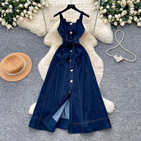 Robe longue rétro en jean pour femme, style simple, boutonnée, avec laçage à la taille, coupe trapèze, idéale pour l'été et les trajets quotidiens
