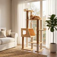 Meubles pour chats en bois modernes, tour à chat à plusieurs niveaux |   CARB P2 Sans formaldéhyde |   Pin FSC |   Faible MOQ, OEM disponible