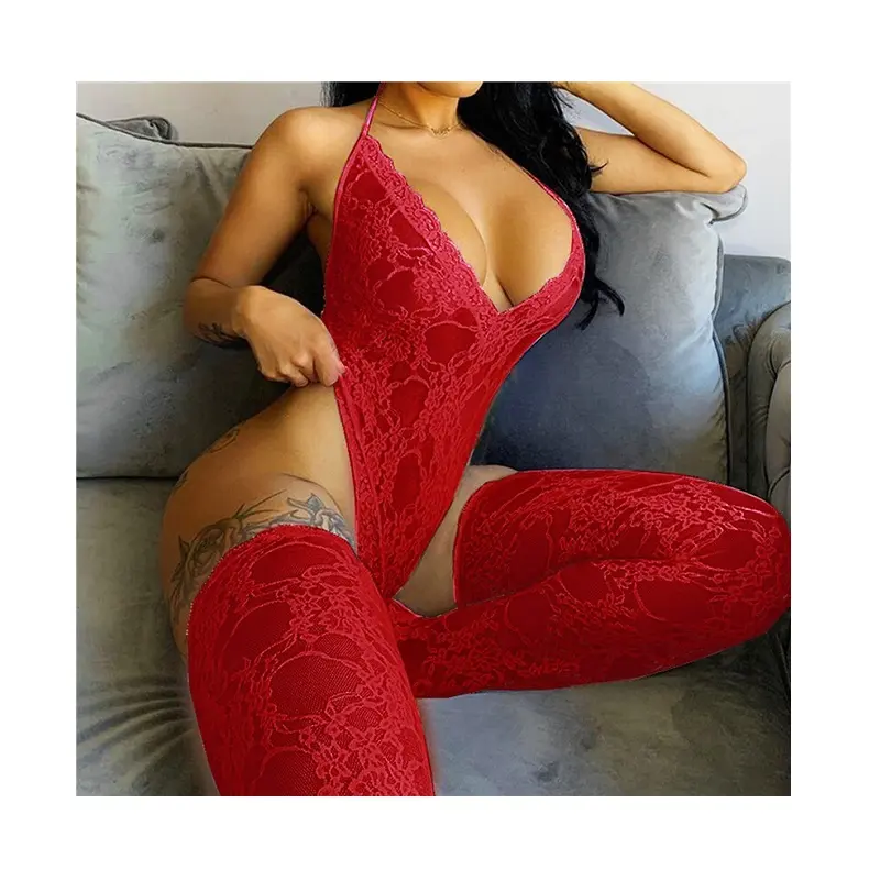 New Arrival Women Plus Size Bodysuits 6 Color Teddy Red Sexy Lace Body Suit 2 Piece Lingerie Bodysuit with Stockings Half Slips