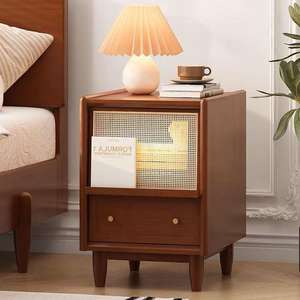 Solid Wood Nightstand With <b>Rattan</b> <b>Panel</b> LED Lighting Modern Minimalist Bedroom Side Table - Product Image 1