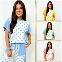 Ensemble tendance été 2 pièces à pois, coupe ajustée, décontracté, manches courtes, long, pour femme, avec blocs de couleur