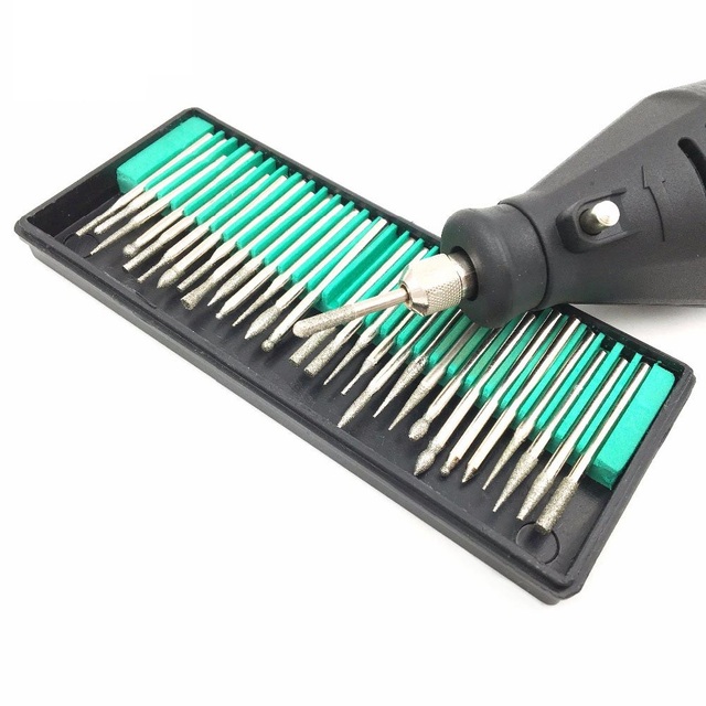 30PCS 3mm Shank Diamond Grinding Burr Needle Point Engraving Carving Polishing Glass Jade Stone Drill Bit Rotary Tool Set