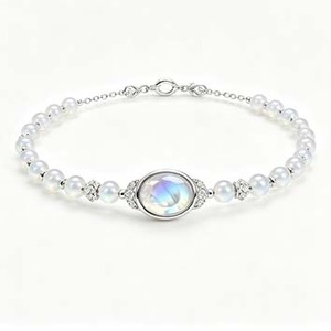 Pulsera de Perlas de Plata 925 con Dije Ovalado de Piedra Lunar, Joyería de Lujo Chapada en Rodio para Mujer - Regalo de Boda y Aniversario - Product Image 1
