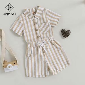 Summer Wholesale Cotton Linen <b>Baby</b> Boys Clothes Short Sleeve T Shirt Muslin Shorts Toddlers 2 Pieces <b>Baby</b> Boys Outfits Suit - Product Image 2