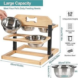 Soporte de madera para comedero de mascotas, elevado, para perros y gatos, con tazones de acero inoxidable, altura ajustable, comedero para perros - Product Image 4