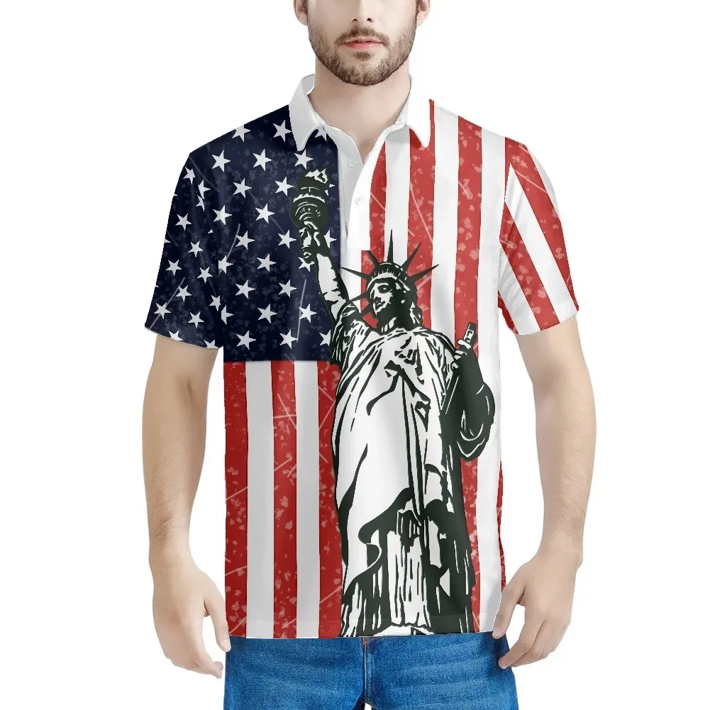 공장 가격 유럽 미국 의류 플래그 독수리 패턴 미국 셔츠 OEM 도매 플러스 사이즈 남성 폴로 티셔츠