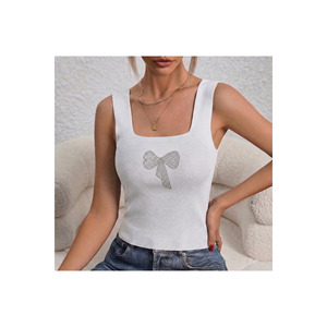 Débardeur blanc dos nu pour femme, col carré, tricot côtelé, tenue décontractée - Product Image 2