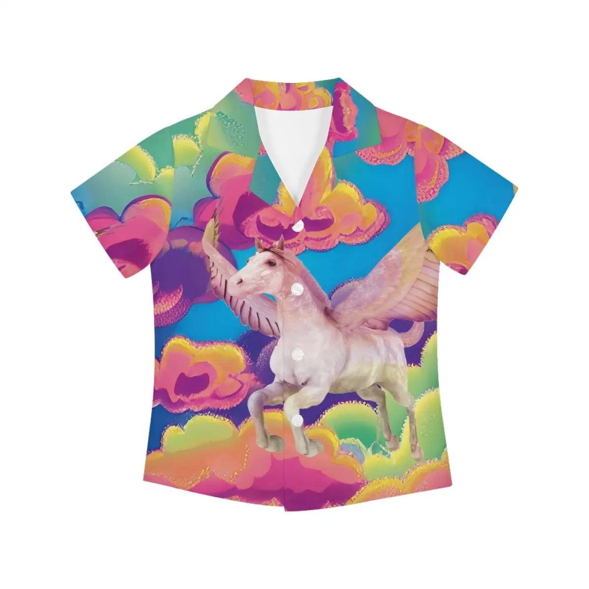 Новаторские красочные Гавайские рубашки с изображением КРЫЛЬЧАТЫХ лошадей, оптовая продажа, рубашка с коротким рукавом и принтом, на пуговицах, для девочек и мальчиков
