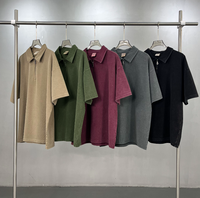 Polo en tricot gaufré teint à la cire 325G avec fermeture éclair, t-shirt vintage délavé et vieilli à manches courtes pour homme