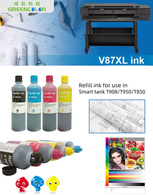 Greencolor 1000ml Water Based Refill for HP V87XL Ink for Smart tank T908/ T905/ T850