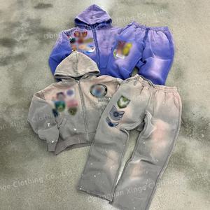 Conjunto de Sudadera con Capucha y Pantalones Deportivos para Hombre, con Parches Bordados Vintage Personalizados, Lavado Ácido, de Tela Gruesa, de Fabricantes de Ropa - Product Image 3