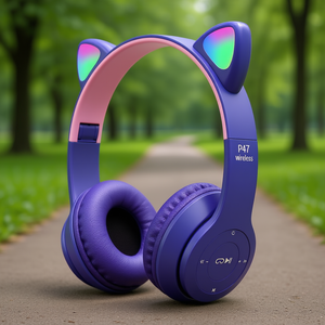 Wireless <b>Cat</b> <b>Ear</b> <b>Headphones</b> P47 Purple Myrva Bluetooth 5.0 <b>Ear</b>-Clip Design With Button Control And LED Battery Indicator <b>For</b> Kid - Product Image 2