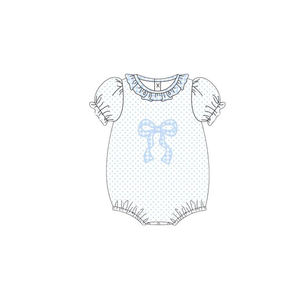 Conjunto de pelele para bebé niña SR4085 personalizado, al por mayor, azul a cuadros con estampado de flores, pelele de manga corta, mono para dormir. - Product Image 4