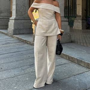 Ensemble pantalon long décontracté et haut épaules dénudées pour femme, style INS, tendance transfrontalière, couleur unie, été - Product Image 1