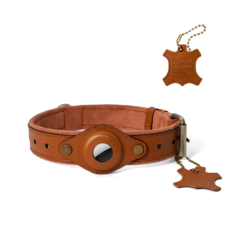 Solid Brown Airtag Dog Collar 2022 New Fashion Plain Black Italian Pet Durable Real Genuine Leather Dog Collar Wholesale