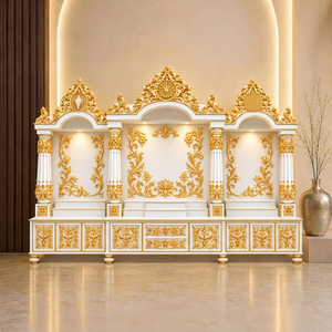 Large Traditional Bollywood Style Wooden Pooja Temple Marble Look Hand Carved Wooden <b>Mandir</b> Large White & Gold Om Hindu <b>Mandir</b> - Product Image 1