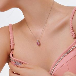 DYLAM Exquisite <b>Solid</b> Sterling <b>Silver</b> Rhodium Plated Clear Pink 5A Cubic Zirconia Heart Pendant <b>Necklaces</b> - Product Image 3