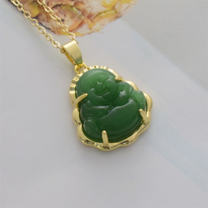 Collar con Colgante de Buda <span class=keywords><strong>Maitreya</strong></span> Étnico, Sonriente y Feliz, de Jade Verde, con Gran Vientre, en Acero Inoxidable 316L, Chapado en Oro de 18k - Product Image 2