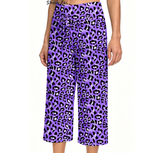 Pantalones Capri de Yoga para Mujer, con Estampado de Leopardo Morado Vibrante, Cintura Alta con Cordón, <span class=keywords><strong>Pierna</strong></span> Ancha, para Gimnasio y Uso Casual, Suaves - Product Image 3