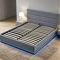Cadre de lit moderne rembourré en lin avec vérin à gaz, éclairage d'ambiance LED et sommier à lattes, disponible en tailles King et Queen, mobilier de chambre