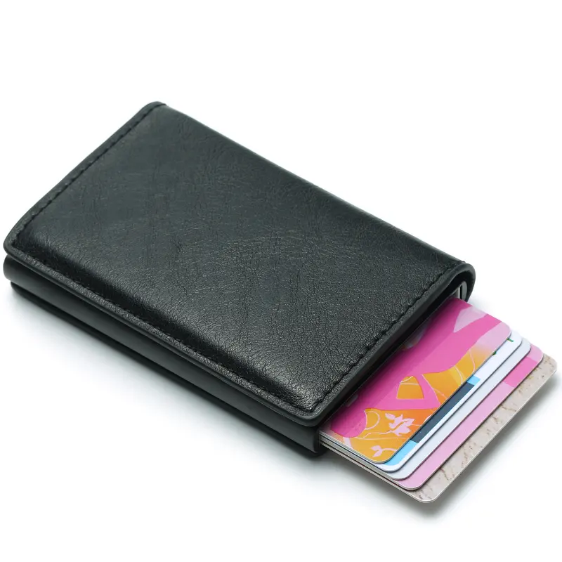 PU leather men rfid blocking wallet leather credit card holder retractable id card holder with pop up function for gifts