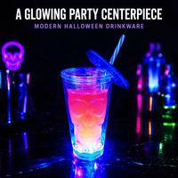 Gobelet à double paroi LED clignotant 16oz pour Halloween en plastique de qualité alimentaire avec paille et couvercle
