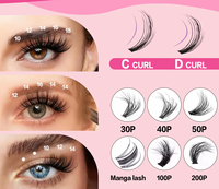 Extensions de cils DIY 30P 40P 50P 100P 200P, Cils en grappe Manga, 200 grappes, Effet volumineux, Courbure D, 10-18mm, Cils en éventail effet cachemire