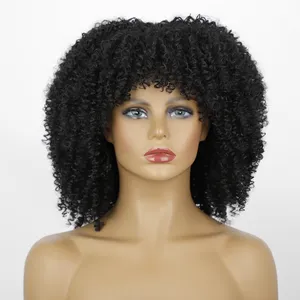 Dropshipping For Women Afro Kinky Curly Short Bangs Black Color Bob Style Pixie Cut Wigs Synthetic None Lace Heat Resistant