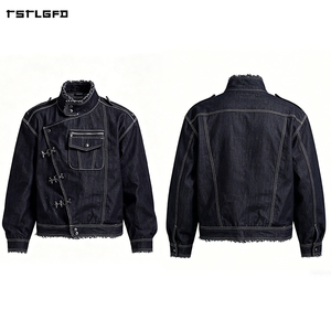 Chaqueta de mezclilla cruda para hombre, estilo bombero, con cierre de gancho, cremallera diagonal, cuello alto, cremallera, bolsillo en el pecho, dobladillo sin rematar, corte ajustado, estilo motociclista - Product Image 4