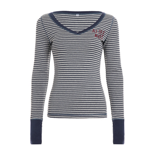 Camiseta de punto a rayas con bloques de color para mujer, con estampado de letras, cuello redondo, manga corta, estilo Y2K, informal, para dama - Product Image 6