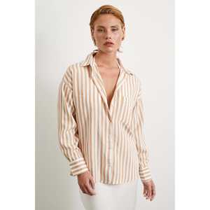 Chemise en lin rayée camel pour femme, décontractée, à boutons, pour tous les jours - Product Image 4